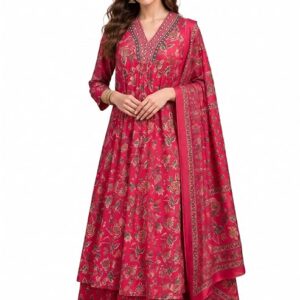 Women's Rayon Printed Anarkali Kurta and Pant with Dupatta Set